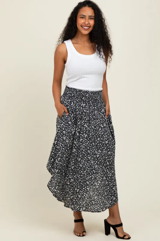 Black Floral Smocked Waist Round Hem Midi Skirt sold by Pinkblush