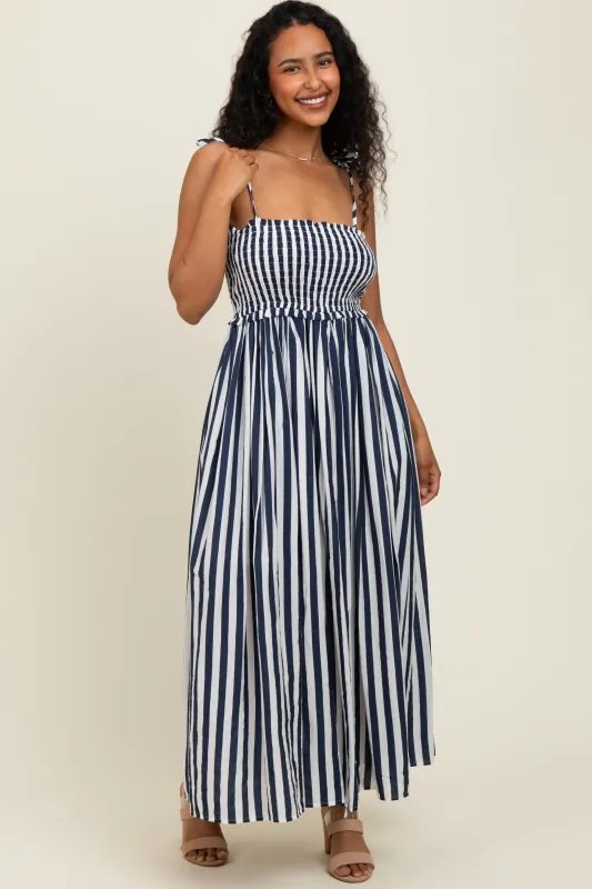 Navy Striped Smocked Shoulder Tie Midi Dress sold by Pinkblush