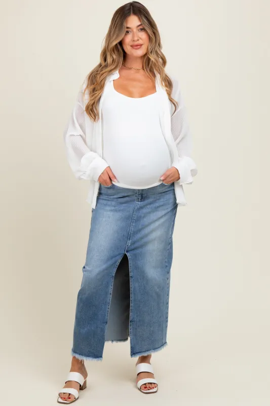 Blue Front Slit Fringe Hem Maternity Denim Maxi Skirt sold by Pinkblush