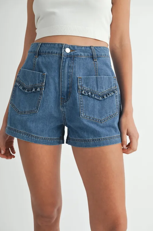 Cute Ruffle Front Pocket Denim Shorts sold by Evercado