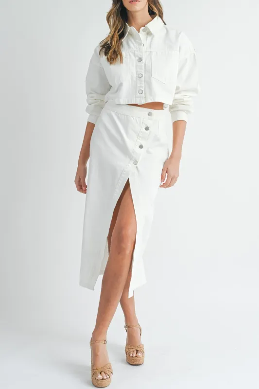 White Denim Crop Jacket and Slit Skirt Set sold by Evercado