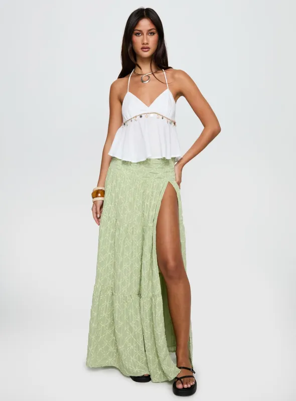 Silver Soul Embroidered Maxi Skirt Sage sold by Princess Polly