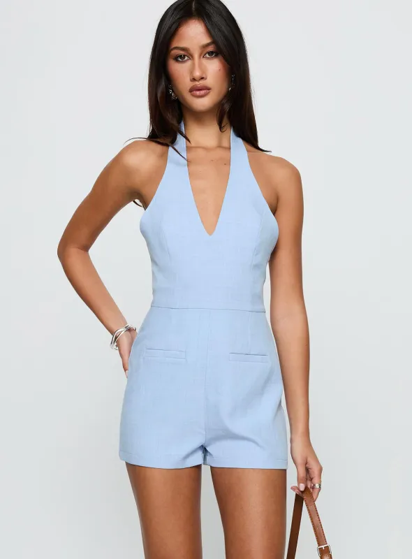 Del Rio Halter Playsuit Blue sold by Princess Polly