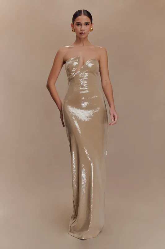 Winston Strapless Sequin Maxi Dress - Taupe sold by Meshki