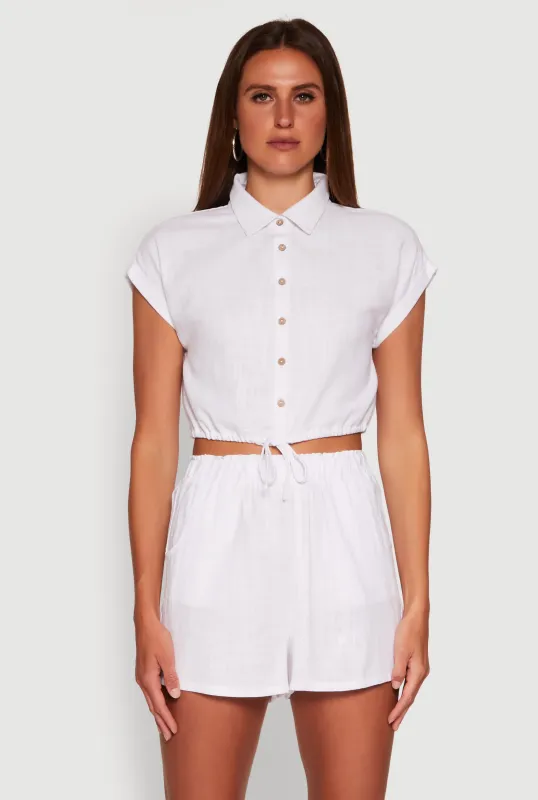 Stylish Button Front Cropped Shirt with Rolled Cuffs sold by Rainbow