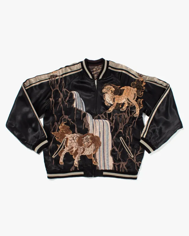 Japanese Repro Souvenir Jacket, Reversible, Black with Lion Dogs - XL sold by Kiriko