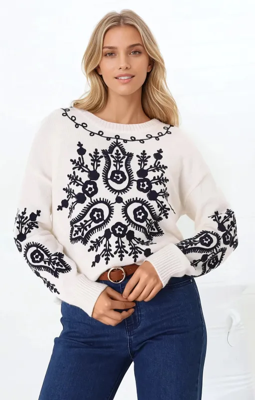 Giselle Jumper - Contrast Embroidery Crew Neck Jumper in Beige sold by Salty Crush
