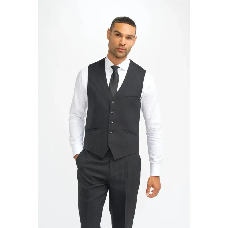 Roberto - Men's Black Shadow Stripes Waistcoat sold by Tru Clothing
