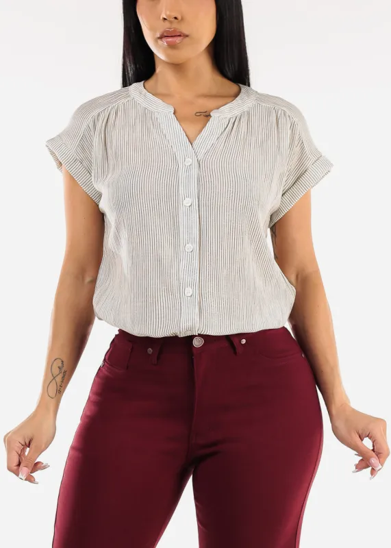 Short Sleeve Vneck High Low Stripe Blouse Ivory sold by Moda