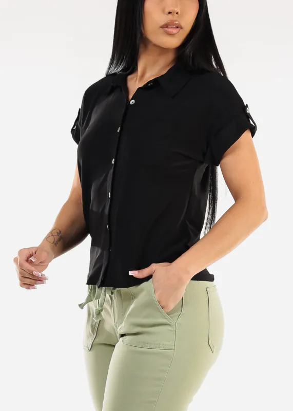 Short Sleeve Button Up Stretch Collared Blouse Black sold by Moda