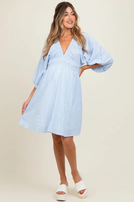 Blue Striped Balloon Sleeve V-Neck Maternity Dress sold by Pinkblush