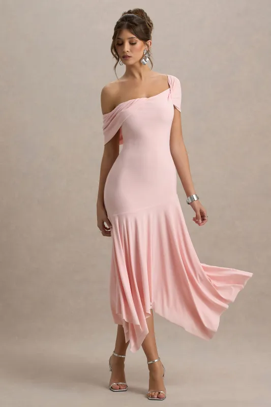 Castor | Pink Asymmetric Midi Dress sold by Club L London