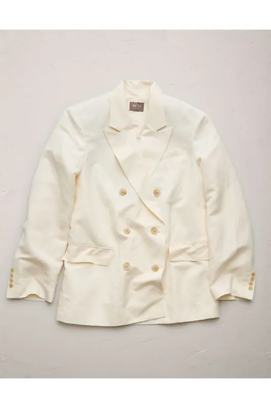 AE77 Premium Linen-Silk Blend Double-Breasted Blazer NULL White M sold by American Eagle
