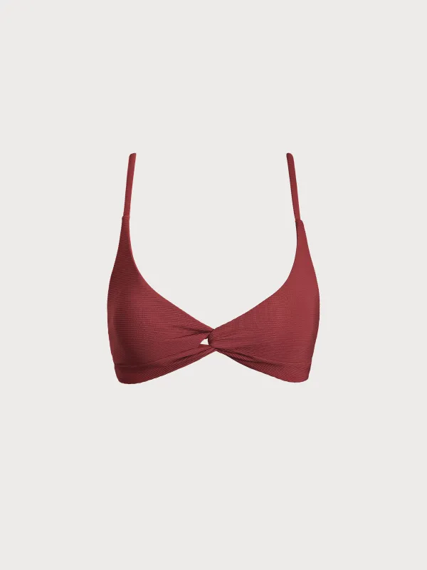 Wine Red Twist Backless Bikini Top sold by BERLOOK