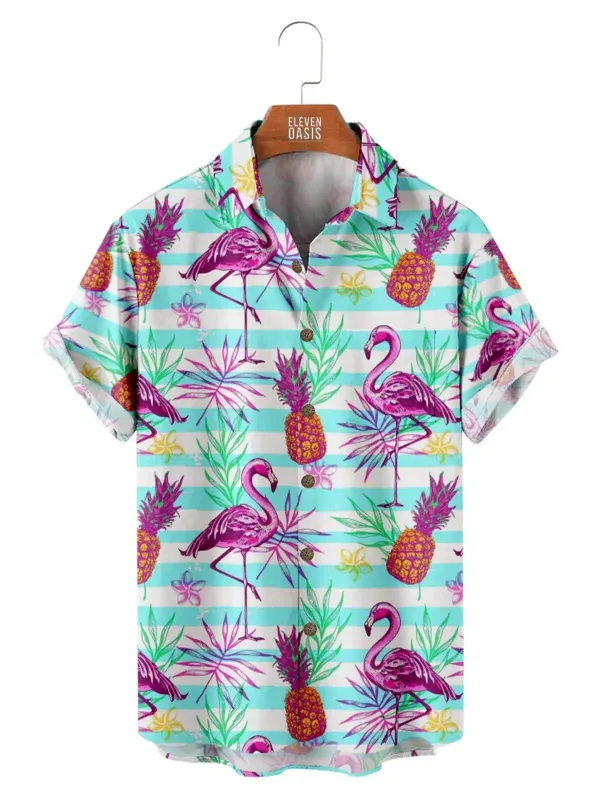 Men's Flamingo Pineapple Tropical Hawaiian Short Sleeve Shirt sold by Eleven Oasis