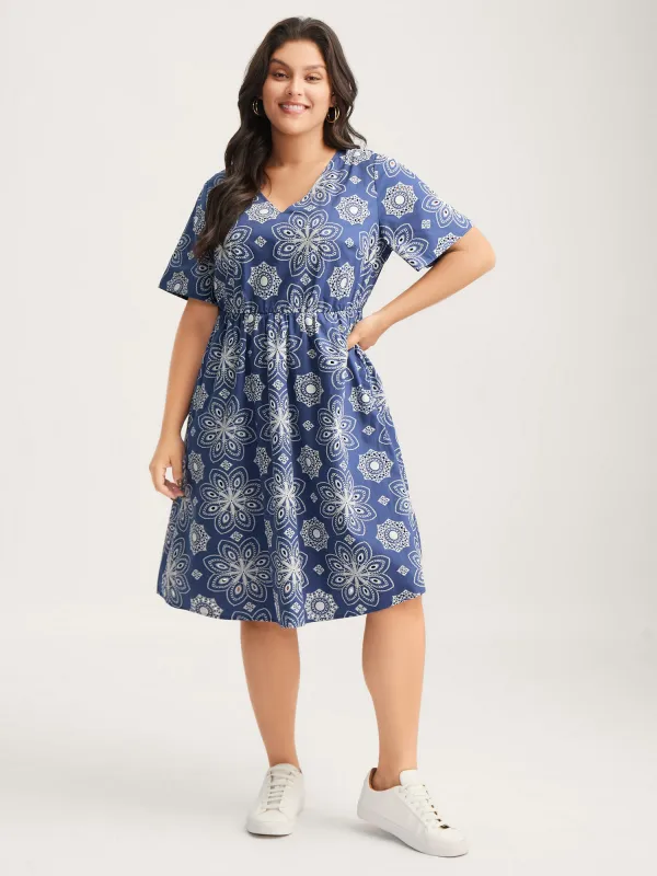Cotton Large Floral Print Textured Pockets Midi Dress sold by Bloomchic