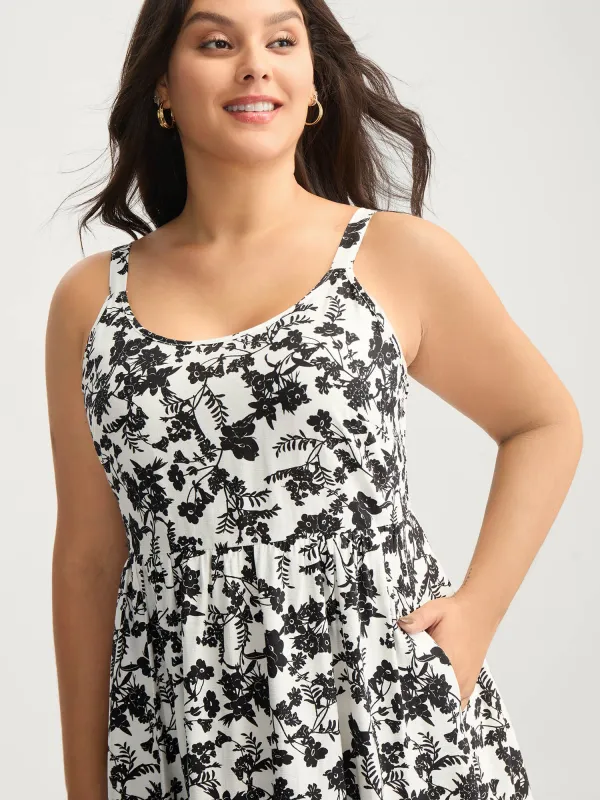 Monochrome Florals Shirred Backless Midi Dress sold by Bloomchic