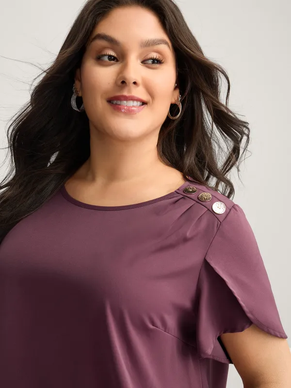 Petal Sleeve Shoulder Button Solid Blouse sold by Bloomchic