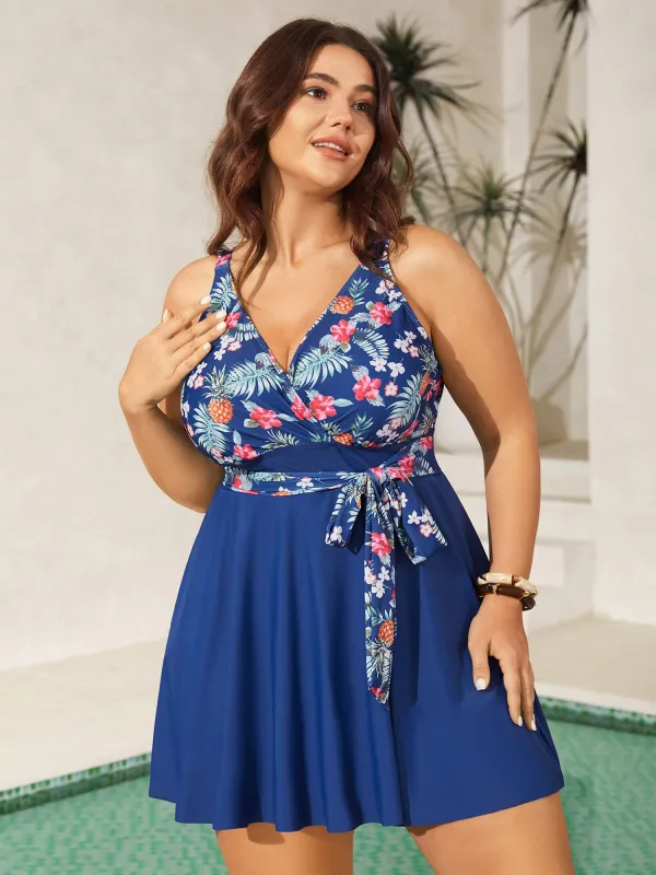 Tropical Floral Print Waist-Tie Swim Dress sold by Bloomchic