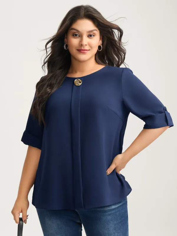 Metal Button Pleated Front Blouse sold by Bloomchic