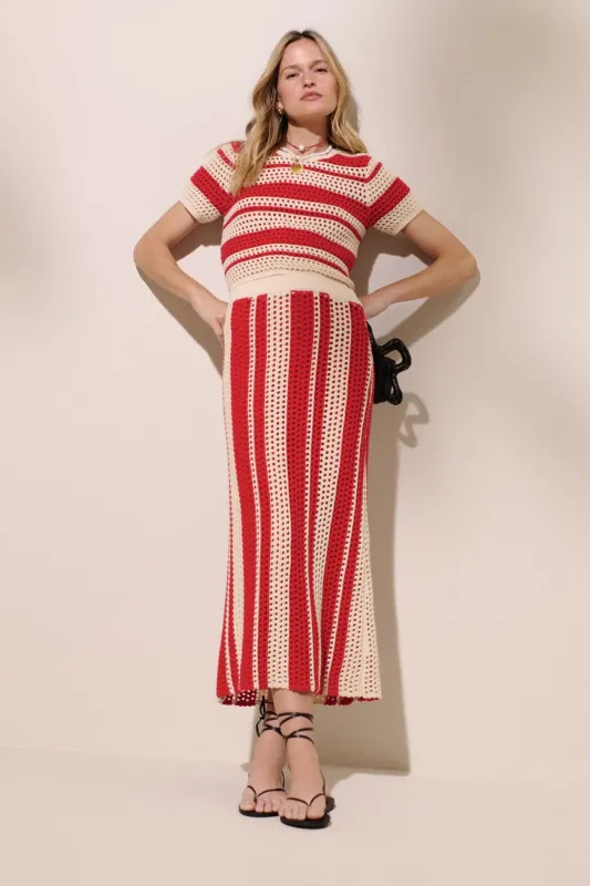 Burnt Red & Beige Striped Knit Ren Midi Skirt sold by Tuckernuck