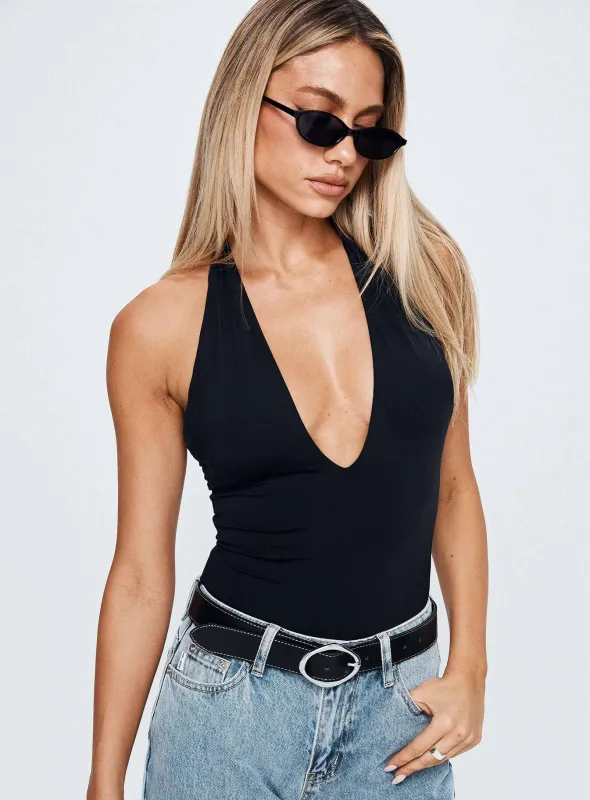 Kendrae Plunge Halter Bodysuit Black sold by Princess Polly