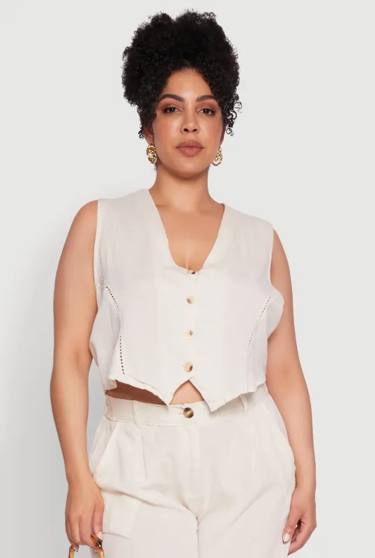 Plus Size Trendy Linen Crochet Detail Cropped Vest sold by Rainbow