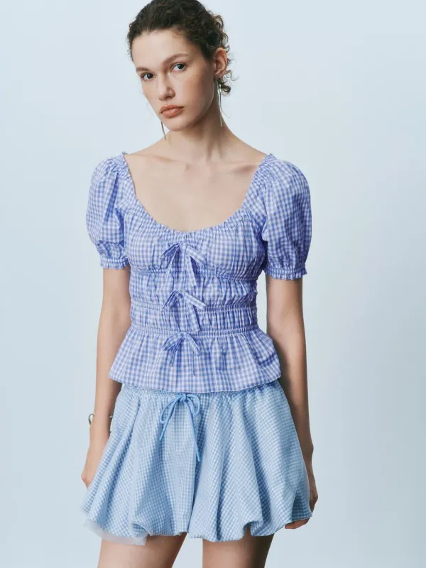 Plaid Shirred Bow Décor Blouses sold by Urban Revivo