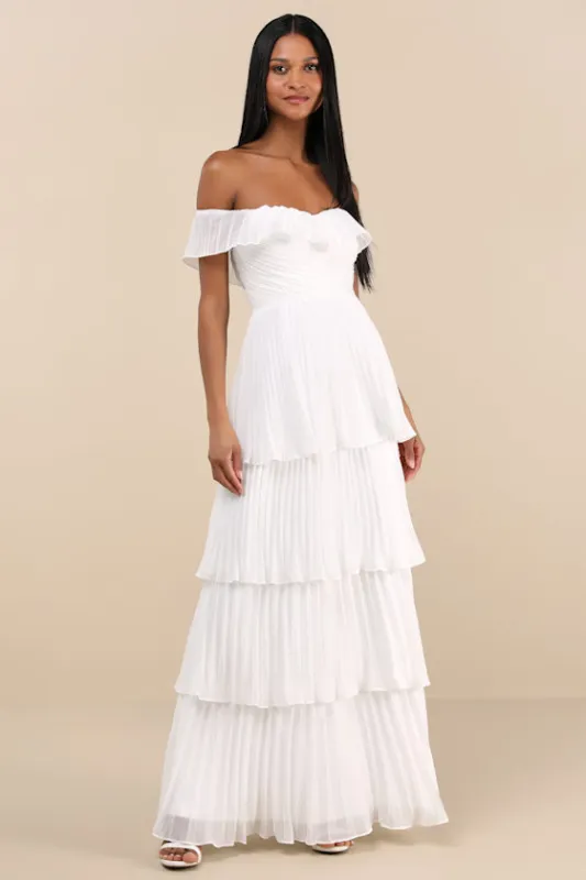 Always Remarkable White Pleated Off-the-Shoulder Maxi Dress sold by Lulus