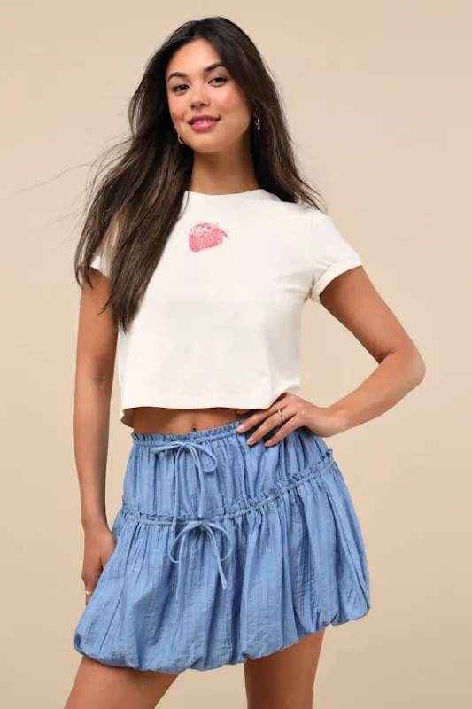 Kirsty Blue Striped Tiered Drawstring Bubble-Hem Mini Skirt sold by Lulus