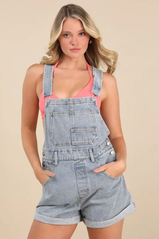 Arya Light Wash Cuffed Denim Overalls sold by Lulus