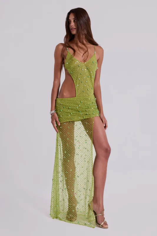 Stellar Asymmetric Hand Beaded Maxi Dress in Lime sold by Jaded London