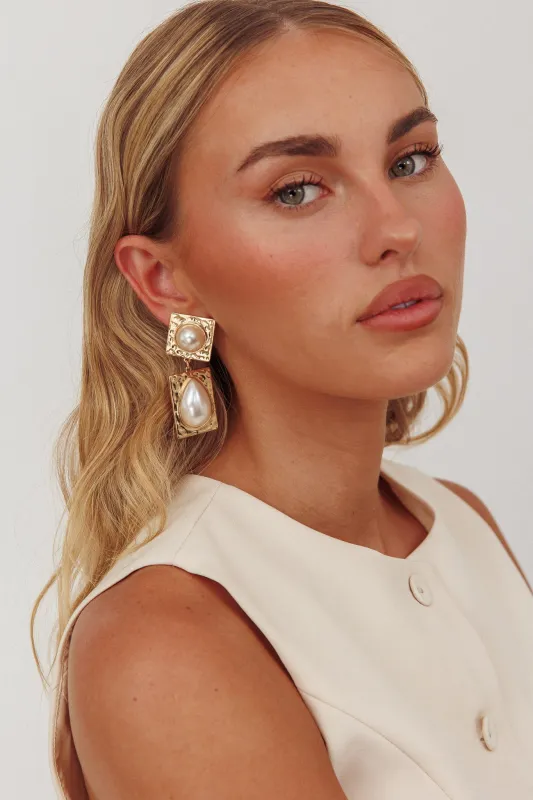 Chloe Hammered Drop Earrings Gold/Pearl sold by Selfie Leslie