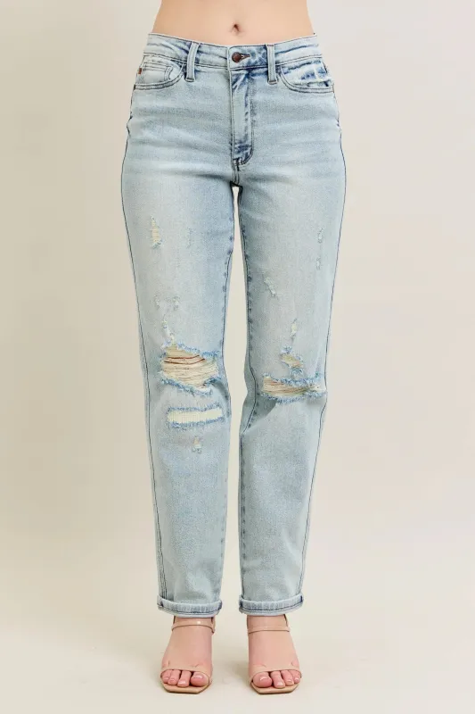 Judy Blue Full Size Mr Repair Stitch Detail Destroy Single Cuff Bf Jeans Plus Size sold by Charming Charlie