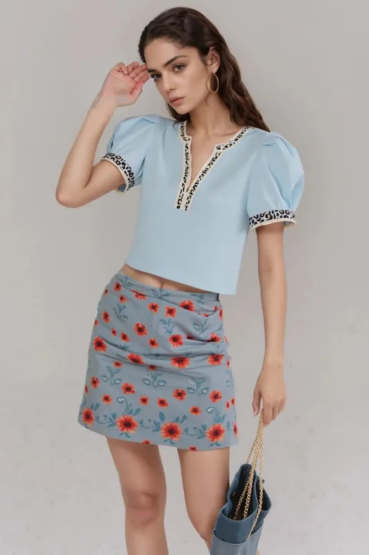 Contrast Leopard Trim Split Neck Puff Sleeve Blouse sold by Charming Charlie