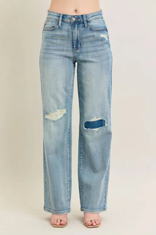 Judy Blue Full Size Hw Destroy & Knee Patch Straight Jeans Plus Size sold by Charming Charlie