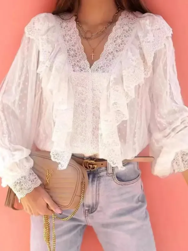 Lace Trim Ruffle V-Neck Long Sleeve Blouse sold by Charming Charlie