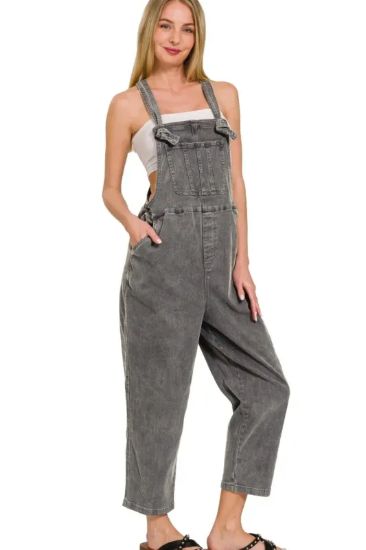 Zenana Washed Knot Strap Relaxed Fit Overalls sold by Charming Charlie