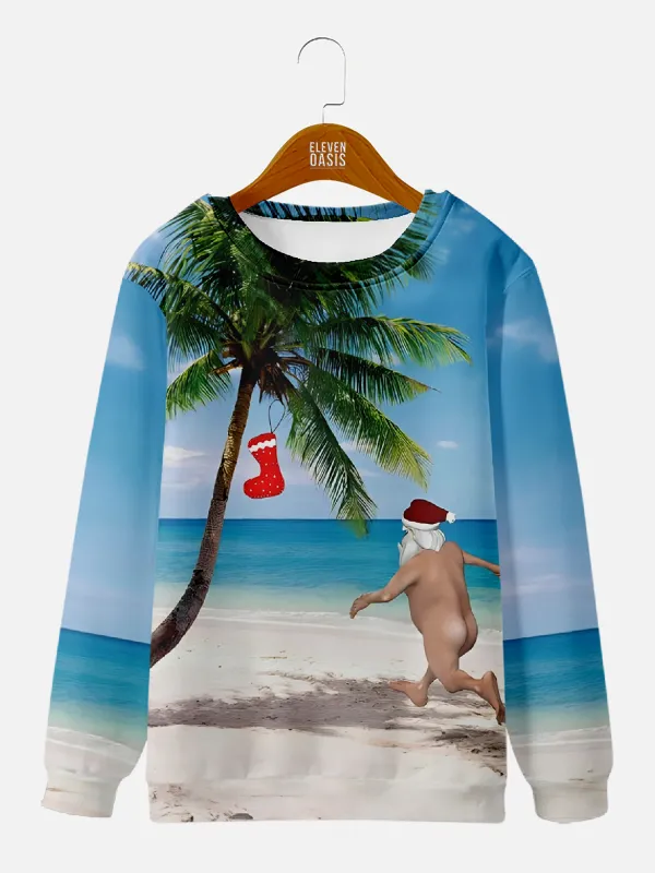 Naked Santa Running on the Beach to a Christmas Stocking Palm Tree Crew Sweatshirt sold by Eleven Oasis