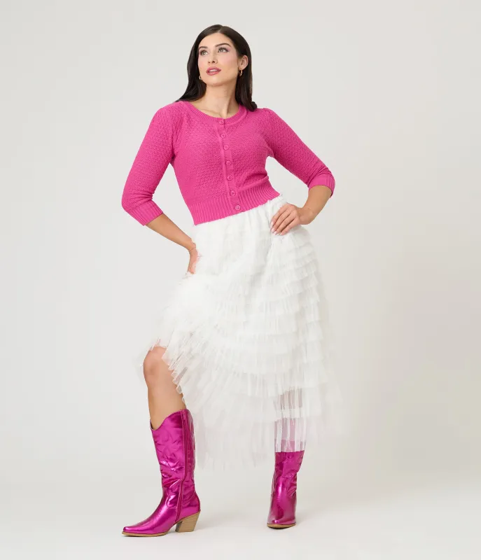 White Tiered Tulle Romantic Ruffles Midi Skirt sold by Unique Vintage