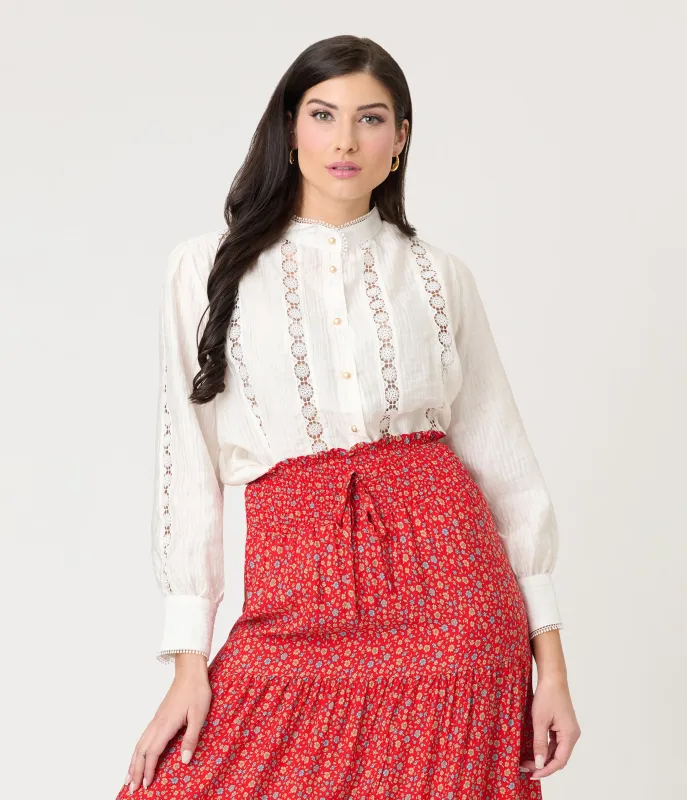 White Vintage Lace Trimmed Blouse sold by Unique Vintage