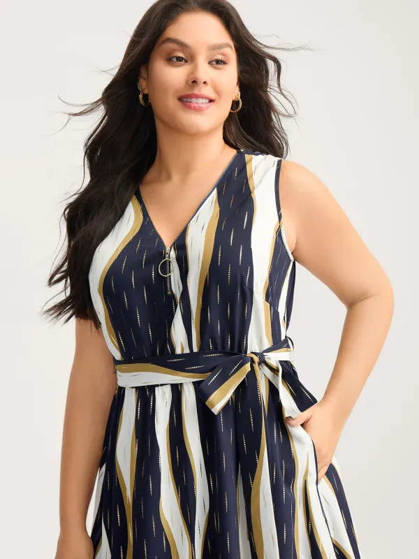 Gold Stamp Wavy Striped Lined Midi Dress sold by Bloomchic