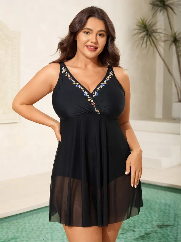 Floral Embroidered Sheer Surplice Swim Dress sold by Bloomchic