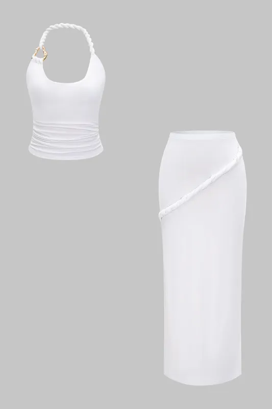 Asymmetrical Twist Knot Metallic Skirt Set sold by Micas