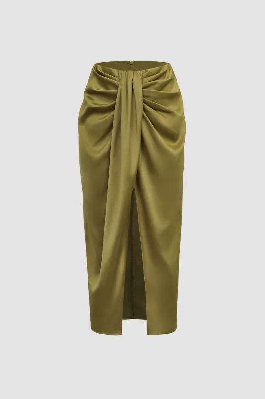 Satin Ruched Slit Midi Skirt sold by Micas