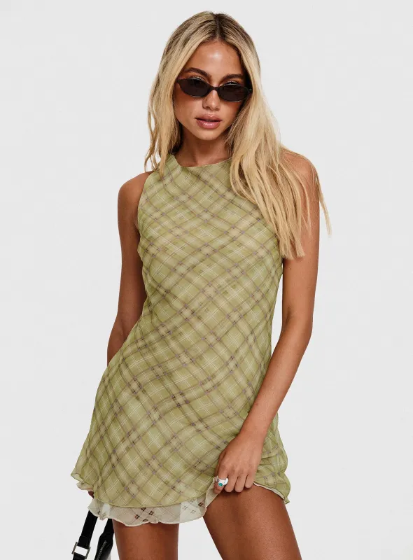 Buffie Shoulder Mini Dress Green Check sold by Princess Polly