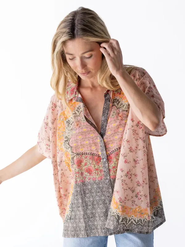 Kelly Oversized Cotton Button Down - Pink Frames sold by NATURAL LIFE