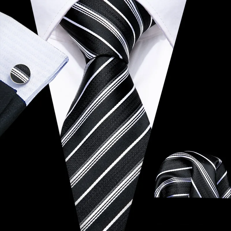 Barry Wang Tie Black White Striped Silk Tie Hanky Cufflinks Set sold by Barrywang