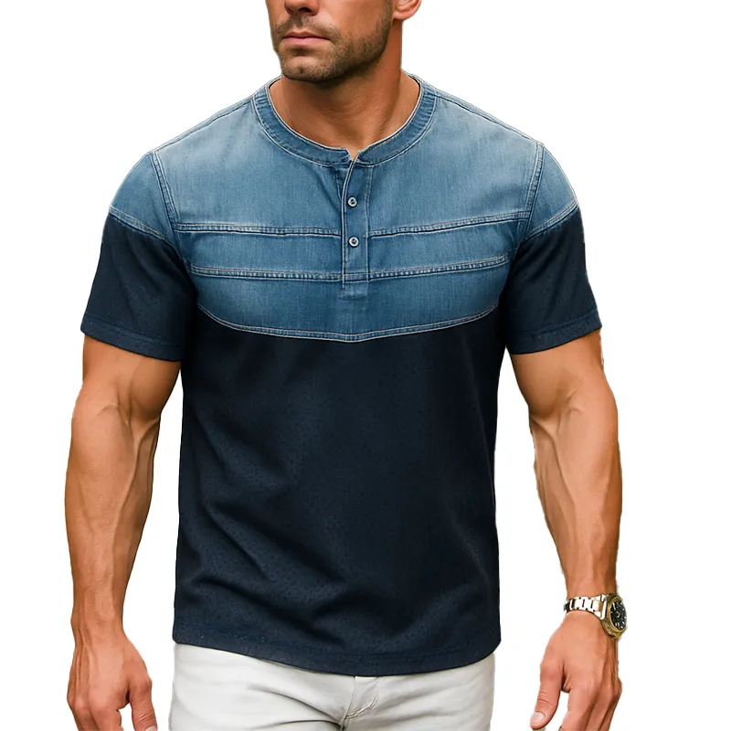 Men's Summer Fashion Denim Sports Fabric Patchwork Short Sleeve Henley Shirt MTA0567F9P sold by Manly