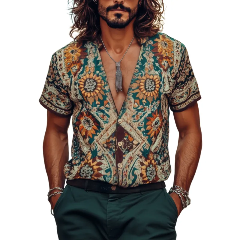 Men's Vintage Bohemian Print V-Neck Loose Short Sleeve Shirt MTA0446F4M sold by Manly